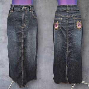 HIP Jeans Denim Maxi Skirt Rose Horseshoe Embroidery Y2K Western Size 7 D51